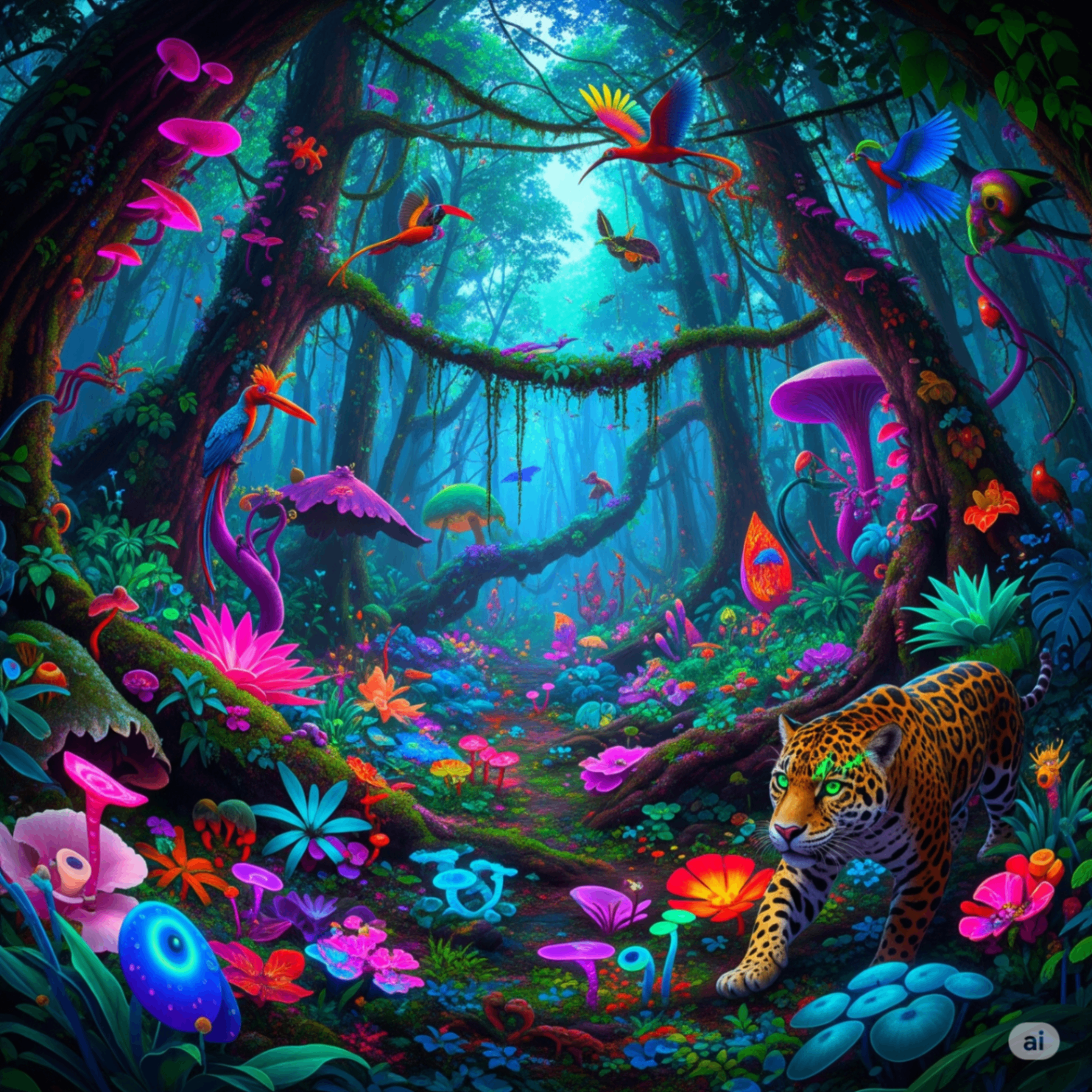 Floresta visionária colorida com pássaros e onça caminhando.
